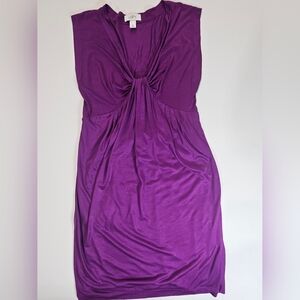 Ann Taylor Loft Dress Womens Size XS Purple V-neck Ruched‎ Chest Cap Sleeve Midi